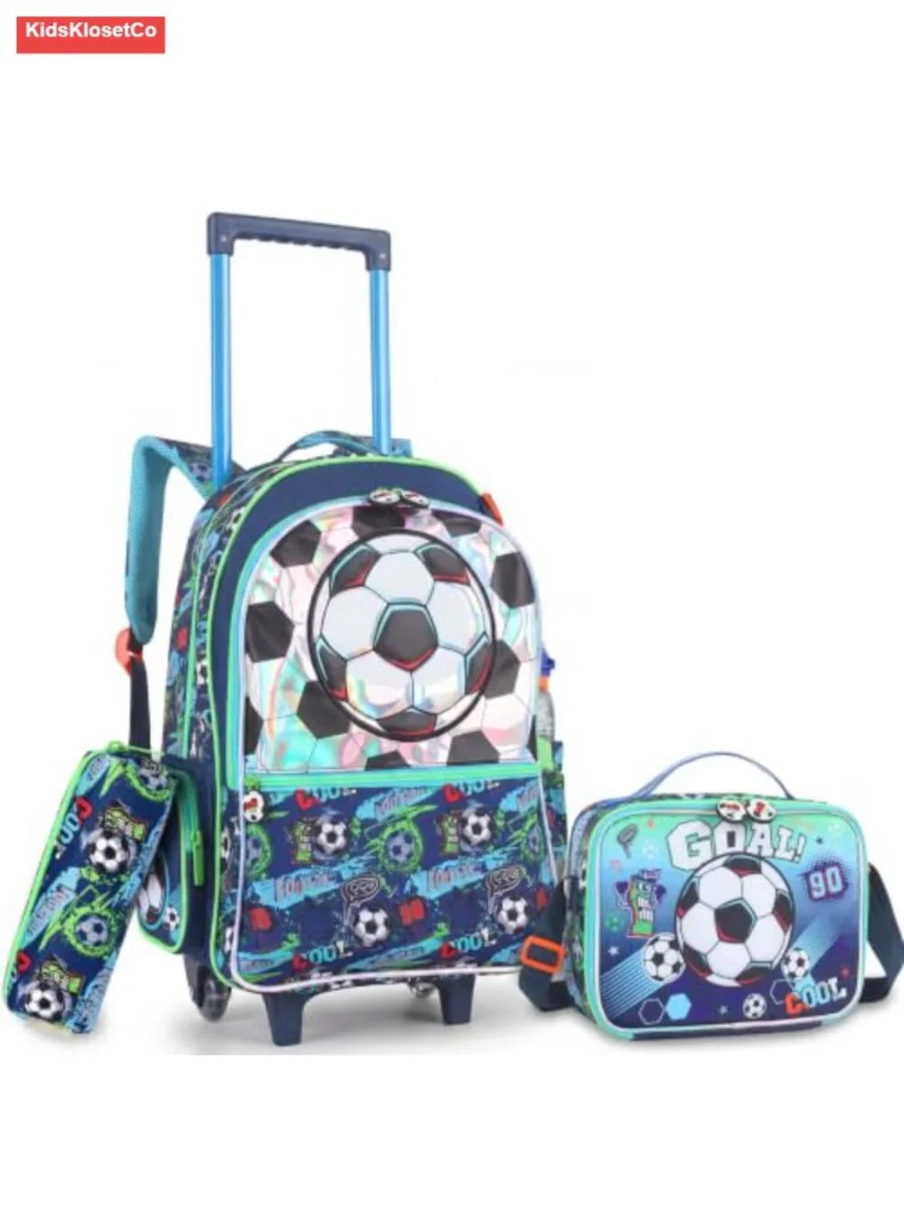 3-in-1 Kids Rolling Backpack Set with Lunch Bag, Soccer Theme, Wheels,